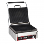 Winco Single Panini Grill with Cast-Iron Grooved Plates